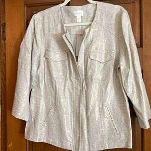 NWT Chico’s Gold Tan Foiled Linen Jacket, 3/4 Sleeve, Size 2